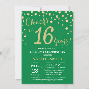 Invitación Diamante Cumpleaños 16 Verde y Dorado