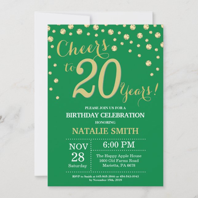 Invitación Diamante Cumpleaños 20 Verde y Dorado (Anverso)