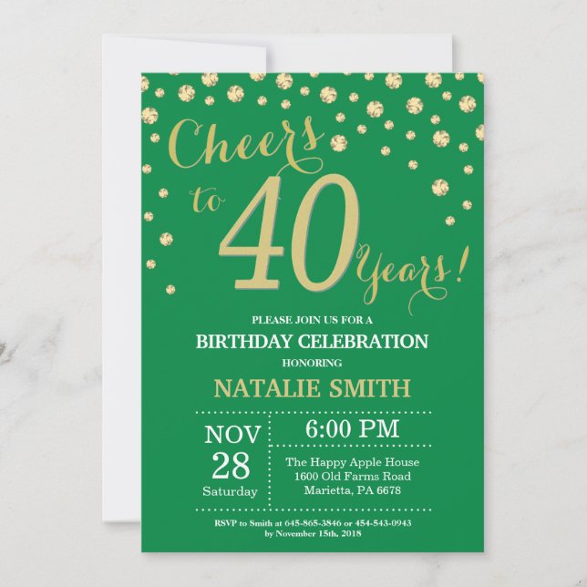 Invitación Diamante Cumpleaños 40 Verde y Dorado (Anverso)