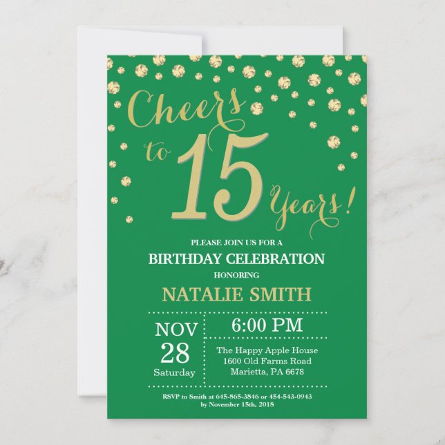 Invitación Diamante de 15 años verde y oro (Anverso)