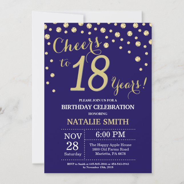 Invitación Diamante de 18 años de la Marina Azul y Oro (Anverso)