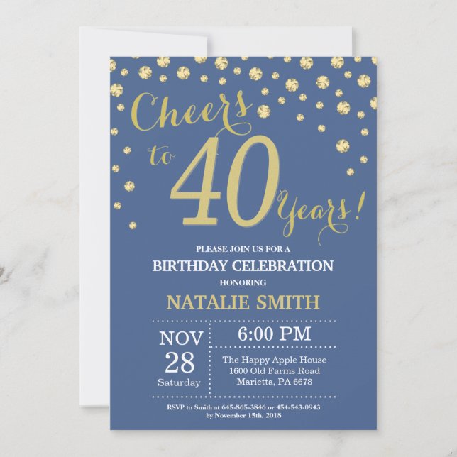 Invitación Diamante de 40 años azul y oro (Anverso)