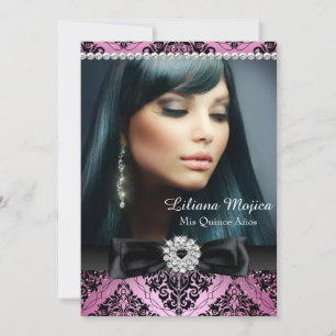 Invitación Diamante de Bow Rosa Negro y Quinceanera de Damasc