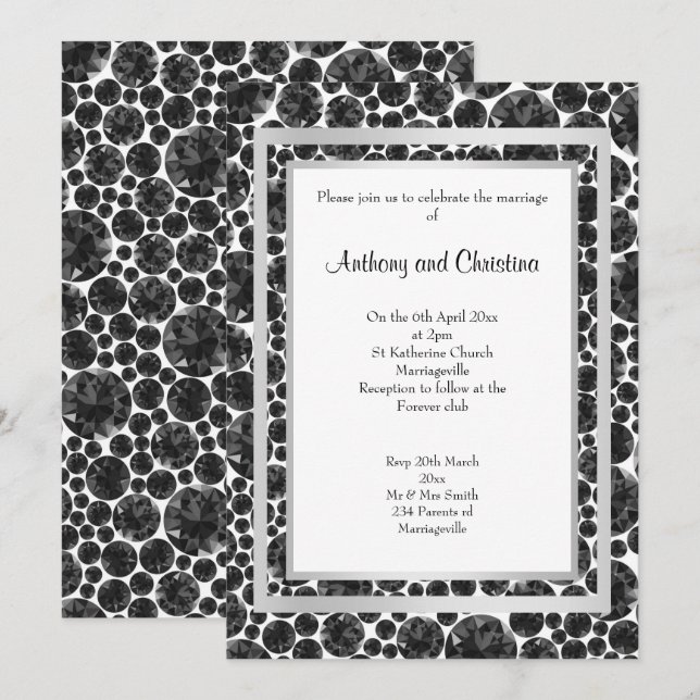 INVITACIÓN DIAMANTE DE CAPA BODA ELEGANTE DE PLATA NEGRA (Anverso / Reverso)
