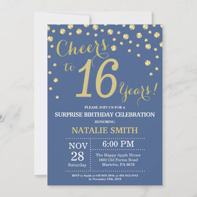 Invitación Diamante de cumpleaños 16, azul y oro sorprendido (Anverso)