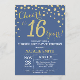Invitación Diamante de cumpleaños 16, azul y oro sorprendido