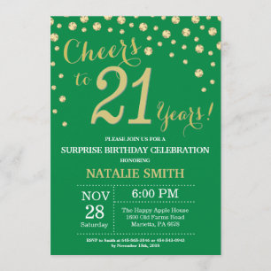 Invitación Diamante de cumpleaños 21 de Green and Gold Surpri