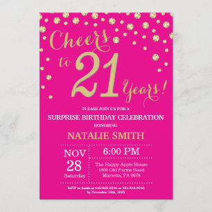 Invitación Diamante de cumpleaños 21, sorpresa de oro y rosa 
