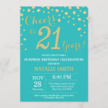 Invitación Diamante de cumpleaños 21 Verde azulado y Gold Sur<br><div class="desc">Sorpresa 21 cumpleaños invitación con antecedentes de diamantes Verde azulados y Purpurinas de oro. Confetti de oro. Cumpleaños de adultos. Cumpleaños de hombres o mujeres. Para más personalización,  haga clic en el botón "Personalizar" y utilice nuestra herramienta de diseño para modificar esta plantilla.</div>