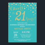 Invitación Diamante de cumpleaños 21 Verde azulado y Gold Sur<br><div class="desc">Sorpresa 21 cumpleaños invitación con antecedentes de diamantes Verde azulados y Purpurinas de oro. Confetti de oro. Cumpleaños de adultos. Cumpleaños de hombres o mujeres. Para más personalización,  haga clic en el botón "Personalizar" y utilice nuestra herramienta de diseño para modificar esta plantilla.</div>