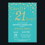 Invitación Diamante de cumpleaños 21 Verde azulado y oro<br><div class="desc">Invitación de cumpleaños 21 con antecedentes de diamantes Verde azulados y Purpurinas de oro. Confetti de oro. Cumpleaños de adultos. Cumpleaños de hombres o mujeres. Para más personalización,  haga clic en el botón "Personalizar" y utilice nuestra herramienta de diseño para modificar esta plantilla.</div>