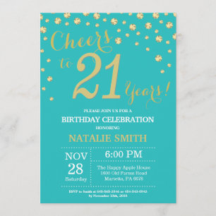 Invitación Diamante de cumpleaños 21 Verde azulado y oro