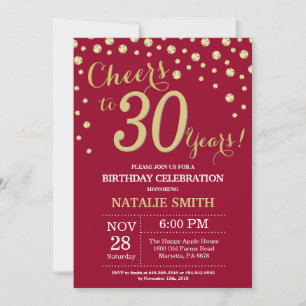 Invitación Diamante de Cumpleaños 30 Rojo Borgoña y Dorado