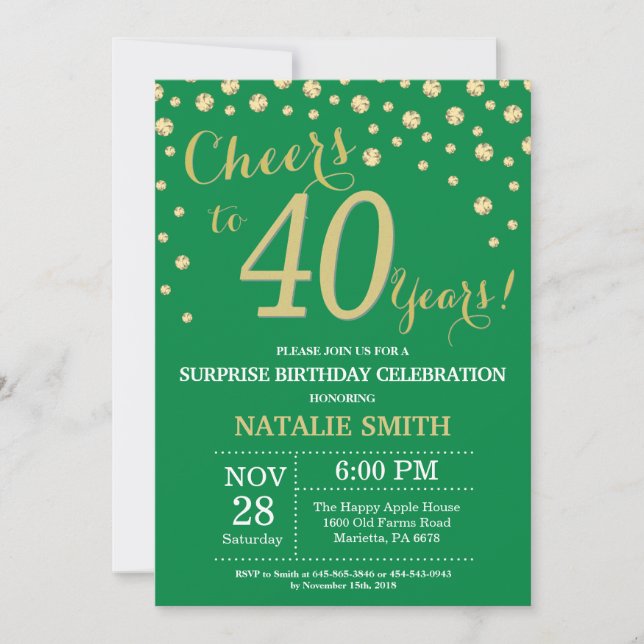 Invitación Diamante de cumpleaños 40, verde y dorado (Anverso)