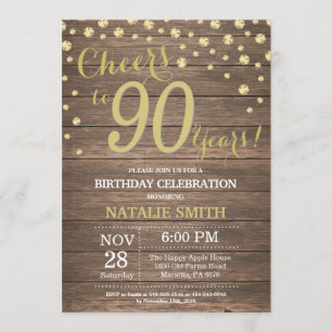 Invitación Diamante de cumpleaños 90 de Rustic Wood Gold