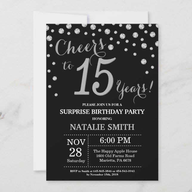 Invitación Diamante de cumpleaños número 15 de sorpresa negra (Anverso)