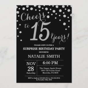 Invitación Diamante de cumpleaños número 15 de sorpresa negra