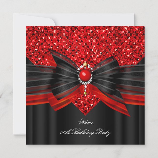 Invitación Diamante de Fiesta de Cumpleaños Brillo Rojo Negro (Anverso)