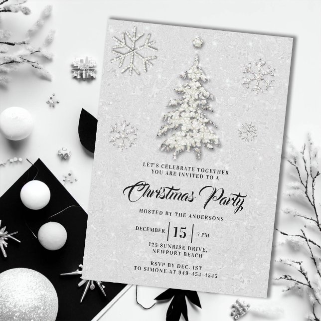 Invitación Diamante de imitación blanco negro de Navidades de (elegant christmas party invite glitter rhinestones tree snowflakes winter wonderland black white)