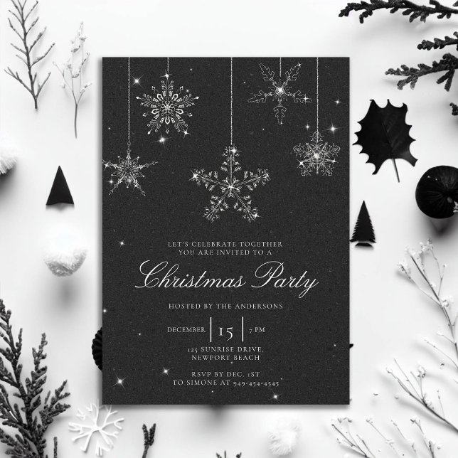 Invitación Diamante de imitación blanco negro Purpurinas de c (rhinestones glitter christmas party invitation elegant black white modern minimalist classy stylish )