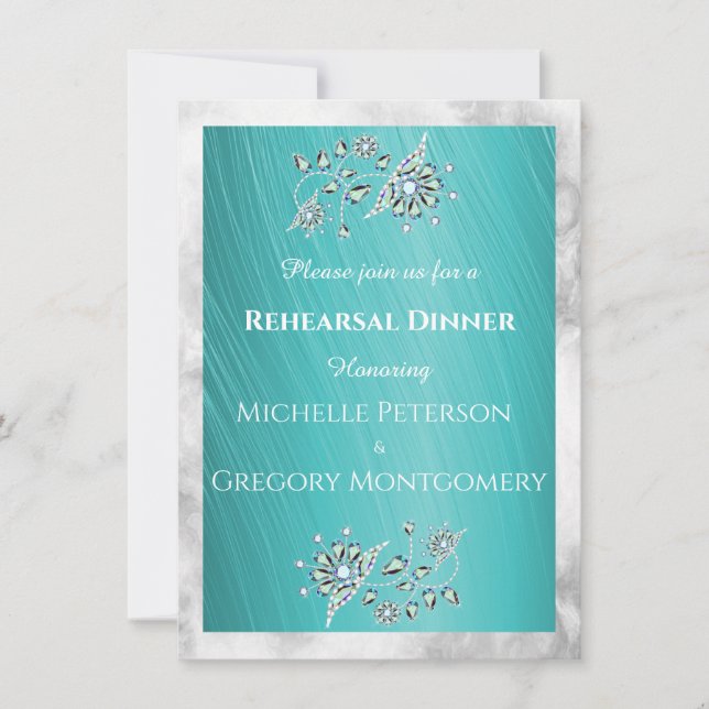 Invitación Diamante de imitación turquesa en cena de ensayo V (Anverso)