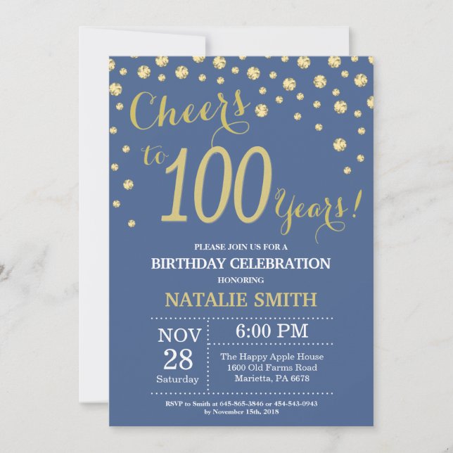 Invitación Diamante de los 100 años azul y oro (Anverso)