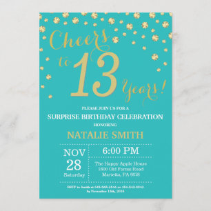 Invitación Diamante de los 13 años Verde azulado y Gold Surpr