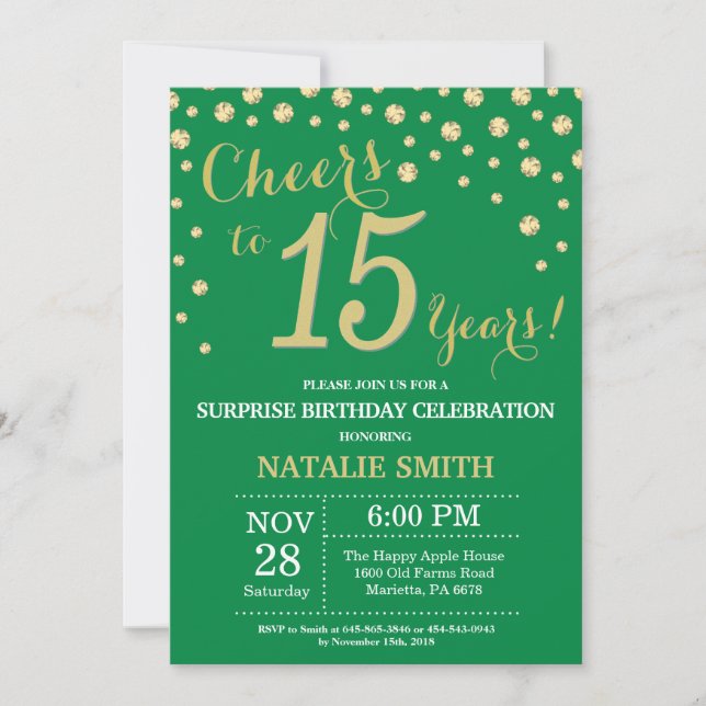 Invitación Diamante de los 15 años de vida verde y dorado (Anverso)