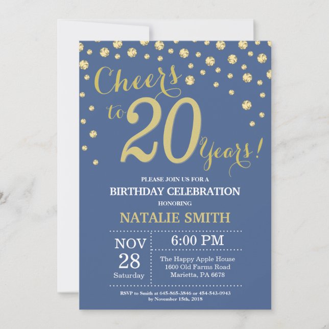 Invitación Diamante de los 20 años azul y oro (Anverso)