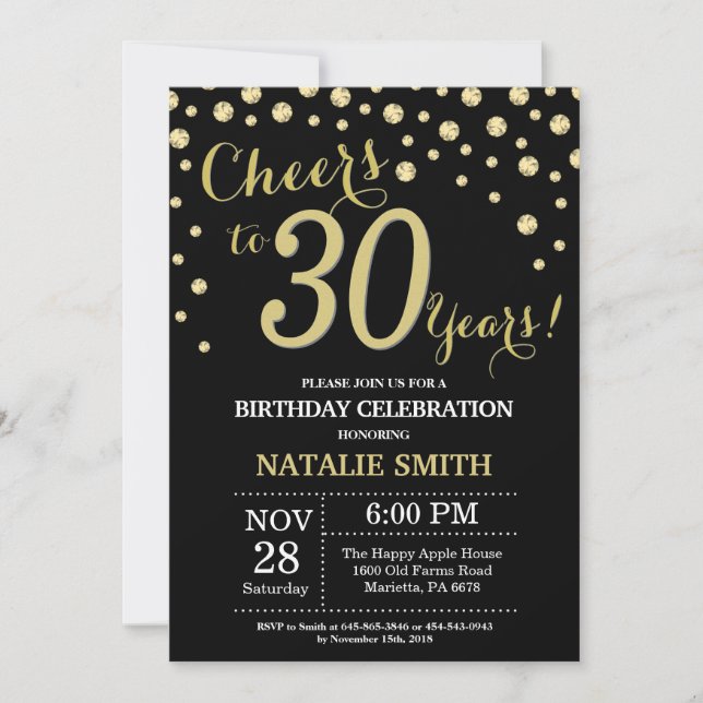 Invitación Diamante de los 30 años de negro y oro (Anverso)