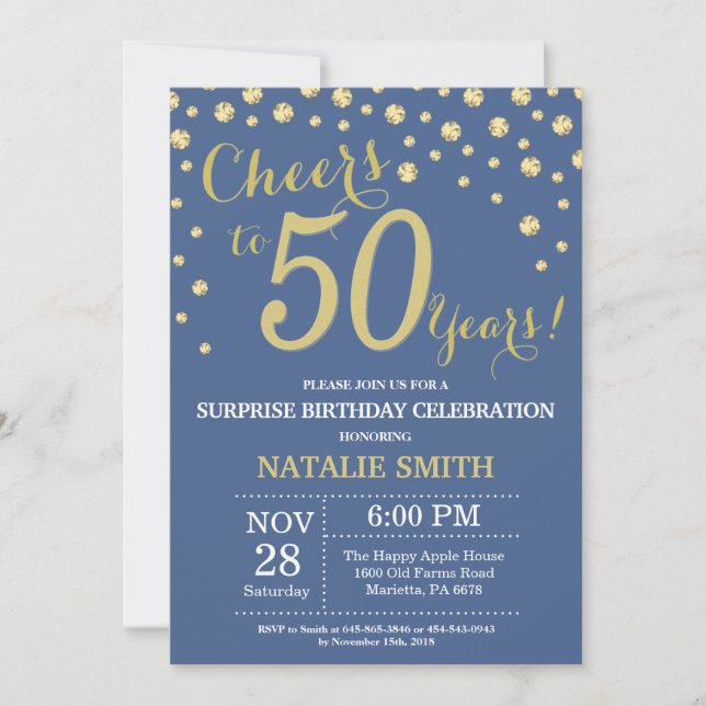 Invitación Diamante de los 50 años azul y dorado (Anverso)