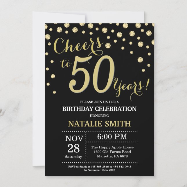 Invitación Diamante de los 50 años de color negro y oro (Anverso)