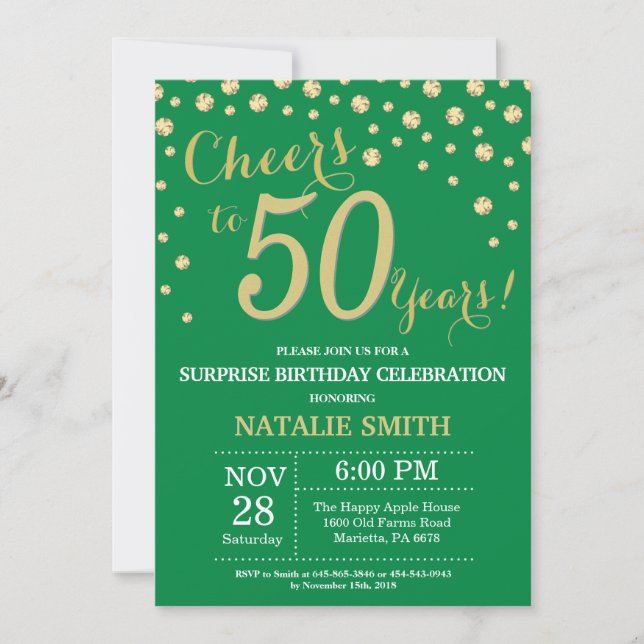 Invitación Diamante de los 50 años de vida verde y dorado (Anverso)