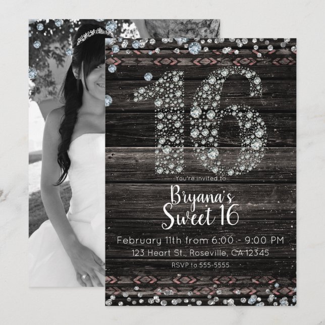 Invitación Diamante de Madera Brillo 16 Cumpleaños Dieciséis  (Anverso / Reverso)