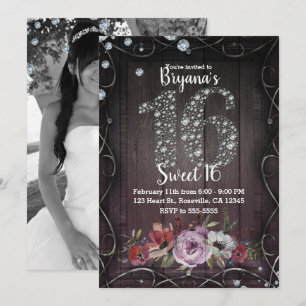 Invitación Diamante de Madera Floral Bling 16 Fiesta de Cumpl