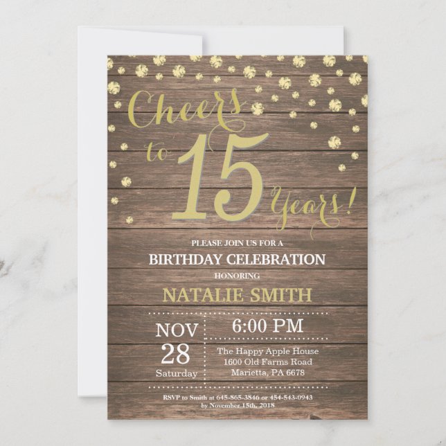 Invitación Diamante de madera rústica oro cumpleaños 15 (Anverso)