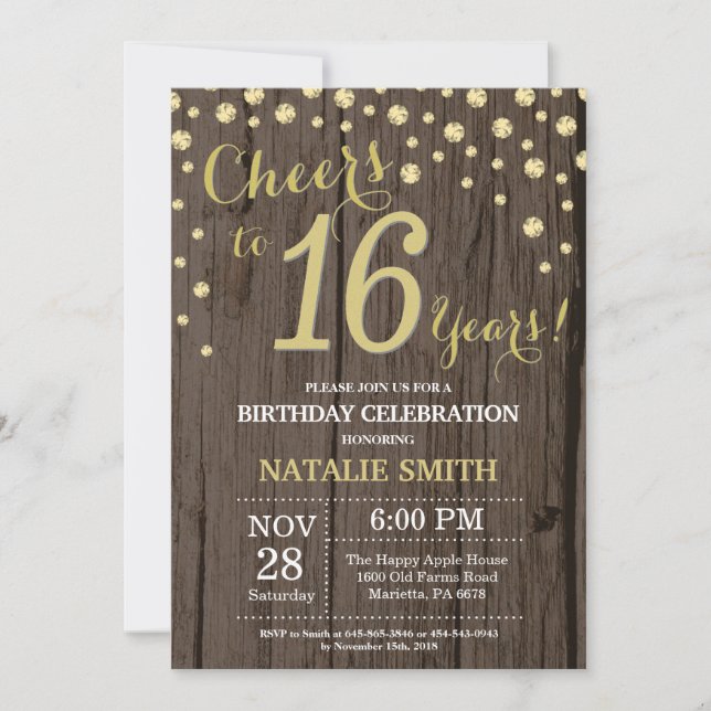 Invitación Diamante de madera rústica oro cumpleaños 16 (Anverso)