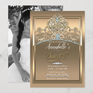 Invitación Diamante de Oro Princesa Corazón Tiara Dulces 16 F