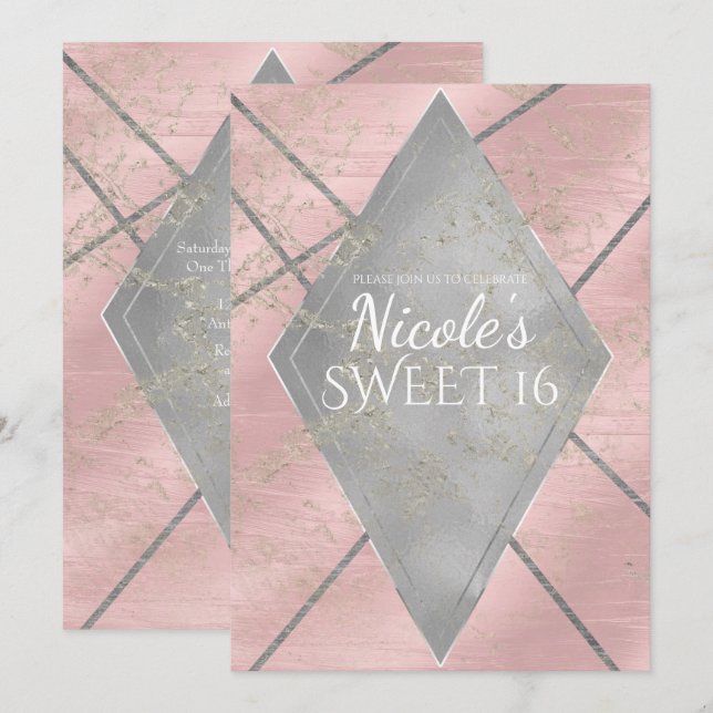 Invitación Diamante de plata rosa Glam Sweet 16 CUALQUIER EVE (Anverso / Reverso)