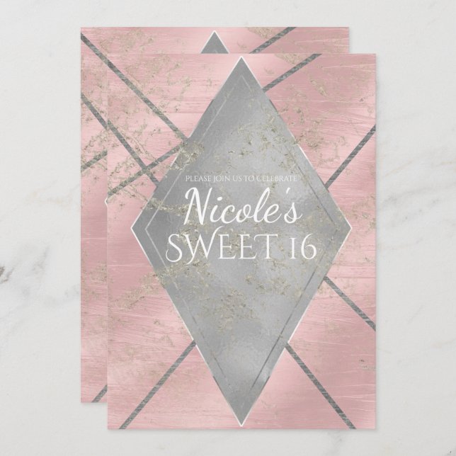 Invitación Diamante de plata rosa Glam Sweet 16 Cumpleaños Fi (Anverso / Reverso)