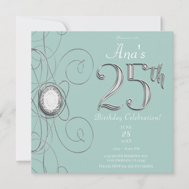 Invitación Diamante de plata turquesa 25 Fiesta de cumpleaños (Anverso)