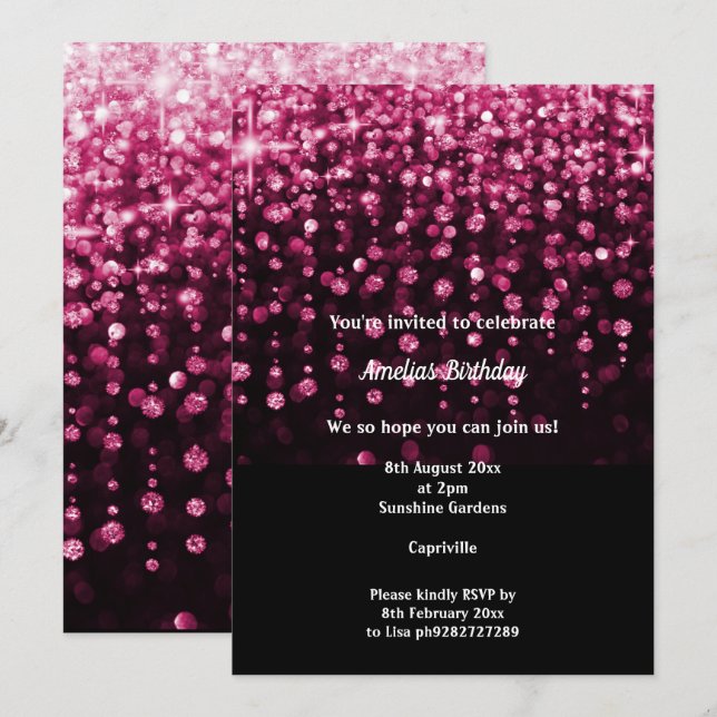 INVITACIÓN DIAMANTE DE ROSA NEGRA CAÍDA 2 FIESTA DE CUMPLEAÑO (Anverso / Reverso)
