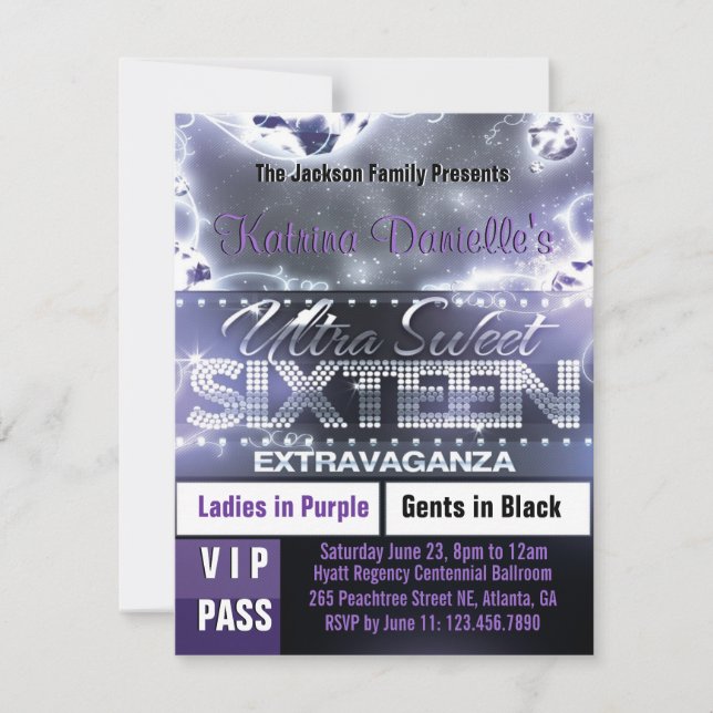Invitación Diamante dulce dulce Diamante Dieciséis VIP Pass I (Anverso)
