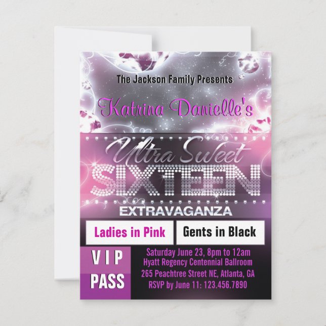 Invitación Diamante dulce dulce Diamante Dieciséis VIP Pass I (Anverso)