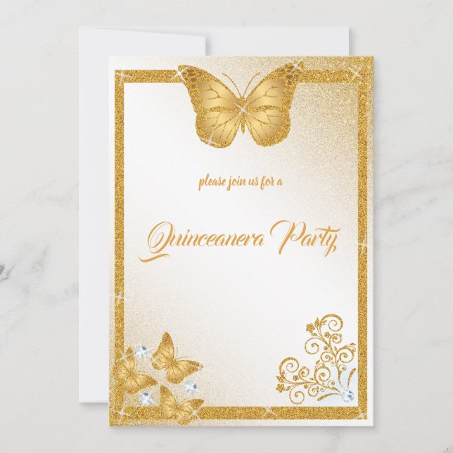 Invitación diamante elegante de purpurina de oro de mariposa  (Anverso)