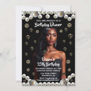 Invitación Diamante Elegante, & Perla Foto Negra