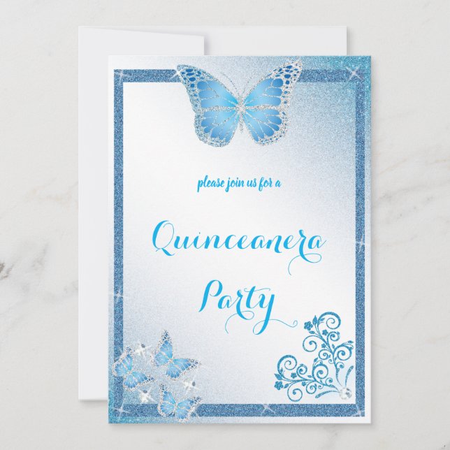 Invitación diamante elegante purpurina azul de quinceanera (Anverso)