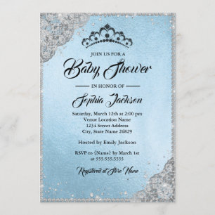 Invitación Diamante Encaje Brillo Azul Plateado Baby Shower