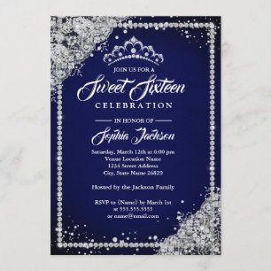 Invitación Diamante Encaje Brillo Diadema Azul Marino Dulces