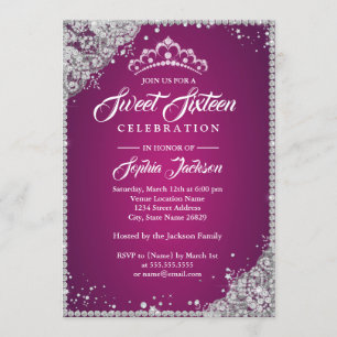 Invitación Diamante Encaje Brillo Tiara Rosa Plata Dulce 16
